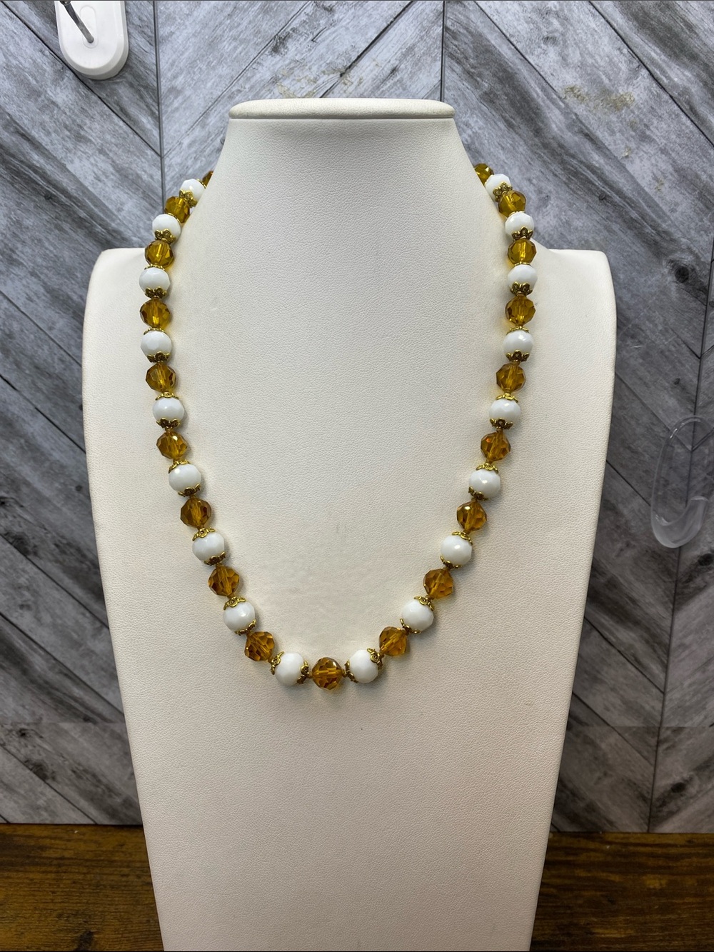 20” Aprilsplace Hand Knotted Milk Glass & Amber Glass Necklace